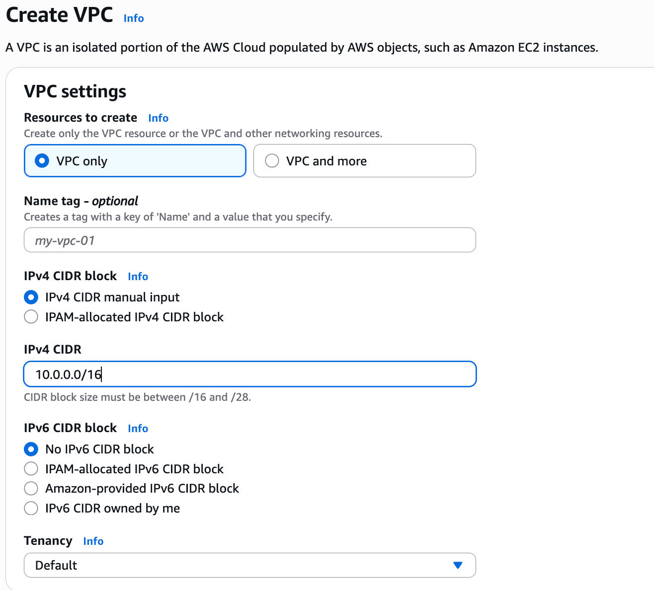 AWS VPC 생성 화면