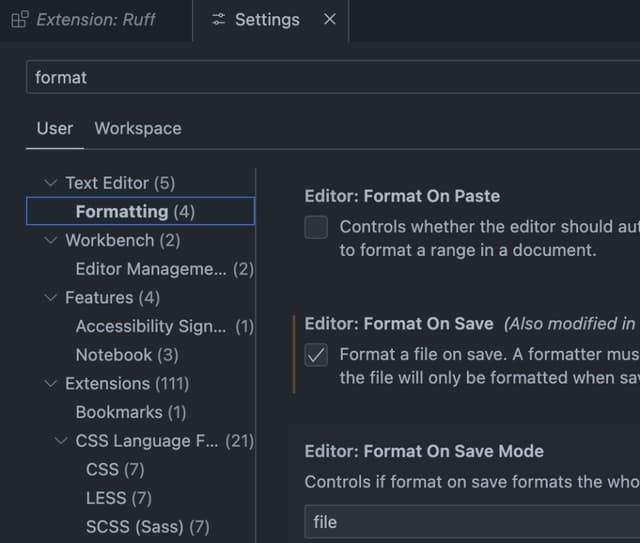 vscode ruff formatOnSave